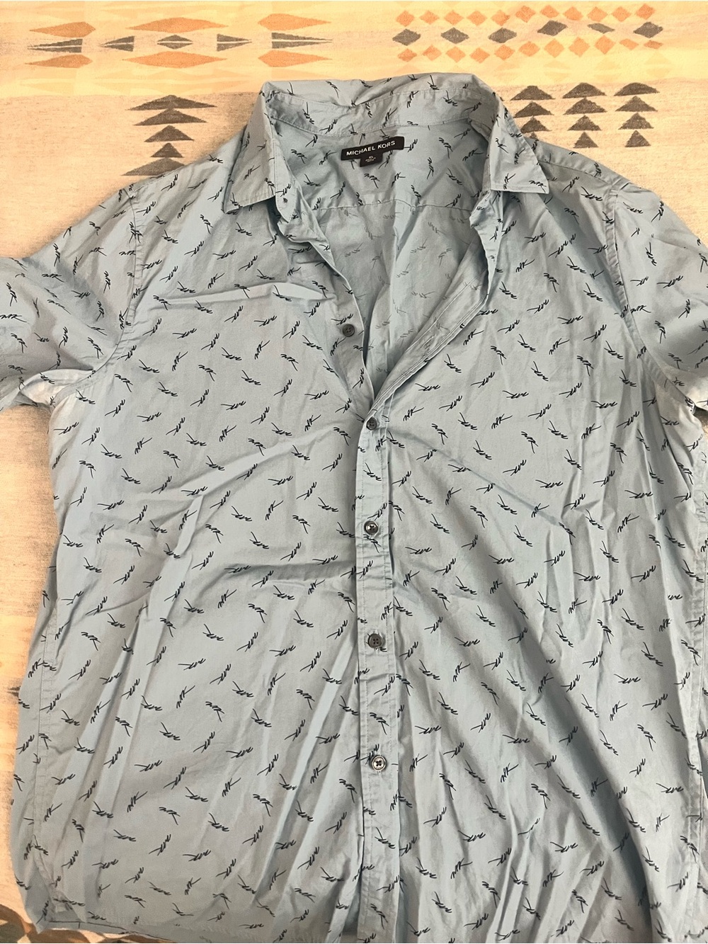 Michael Kors Light Blue Short-Sleeve Button-Down with Black Print